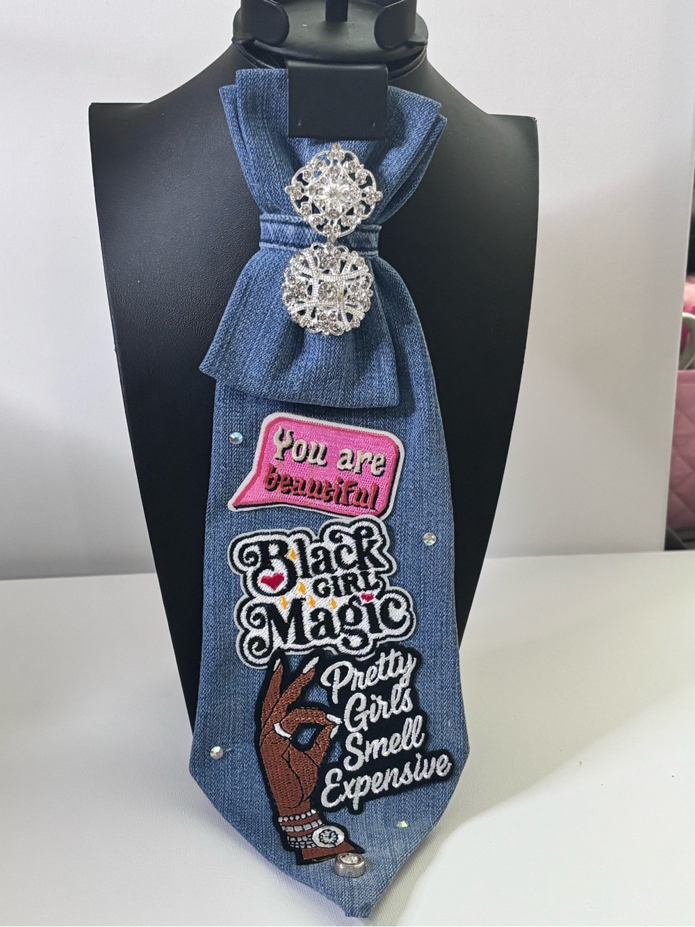 Denim Statement Scarf Tie with 'Black Girl Magic' Patch - Blue